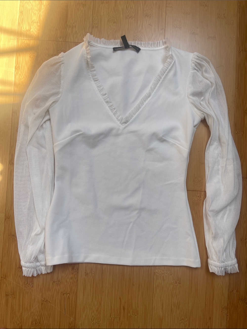 White House Black Market White V-Neck Long Sleeve Top with Sheer Sleeves